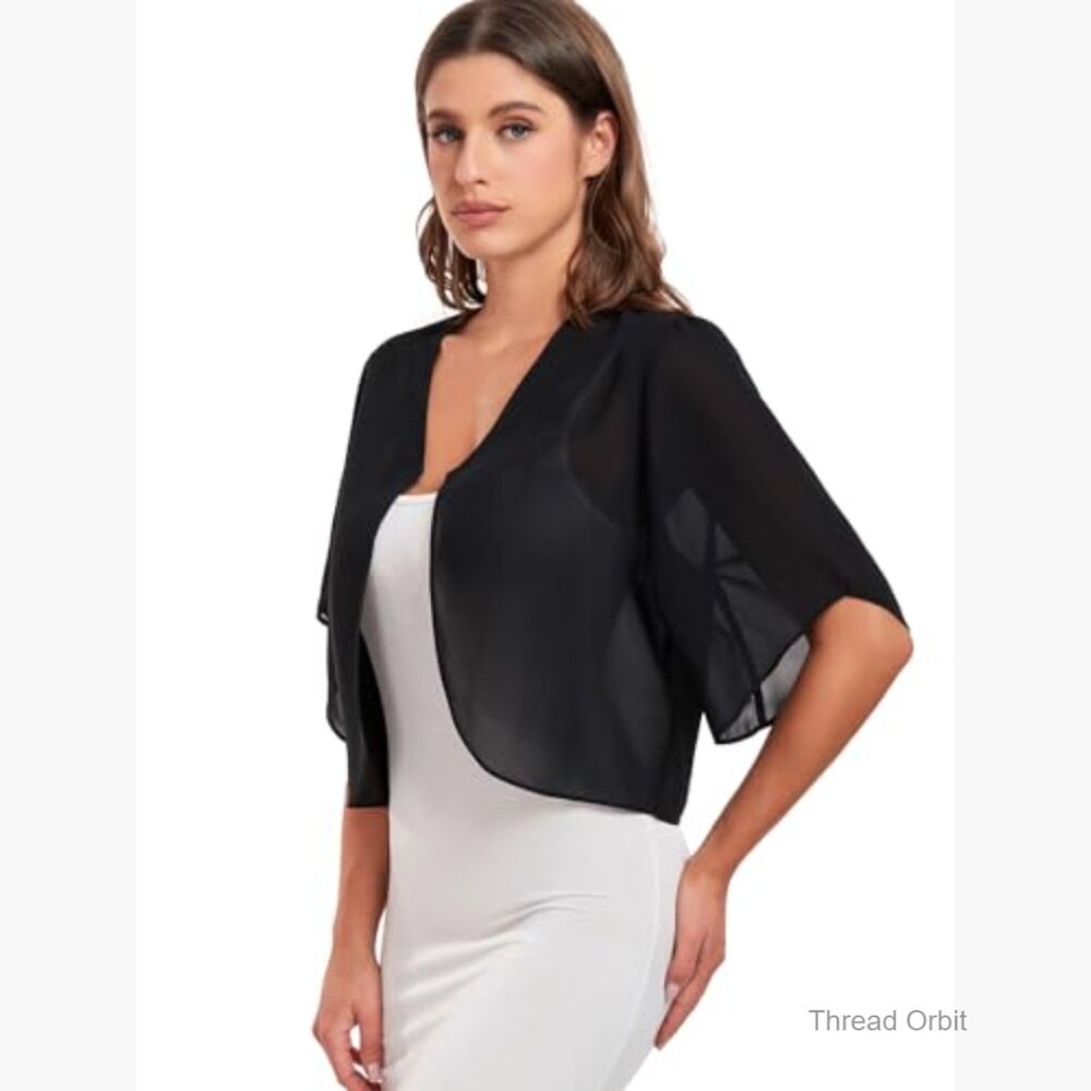 Large Chiffon Cropped Cardigan Shrug Short Sleeve Open Front Bolero - Picture 4 of 7
